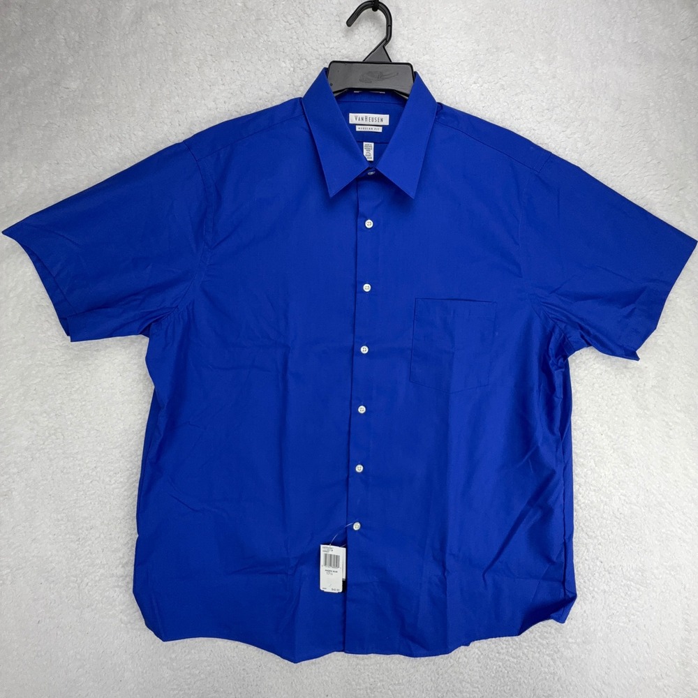 Van Heusen Mens Poplin Regular Fit Short Sleeve Button Down Shirt Blue 17.5 XL
